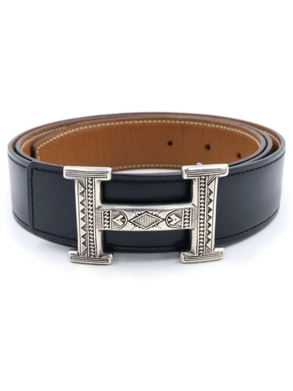 Hermes H Touareg Buckle Reversible Leather Belt Black Brown